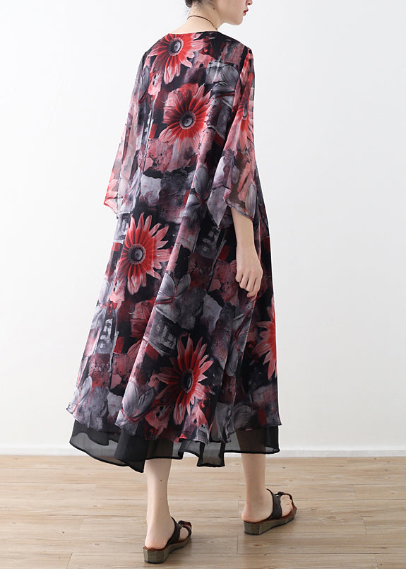Art Red Printed Chiffon Coat Robe Summer Dresses Cardigan