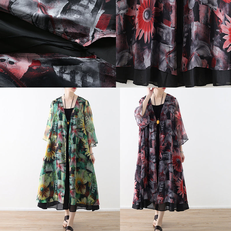 Art Red Printed Chiffon Coat Robe Summer Dresses Cardigan