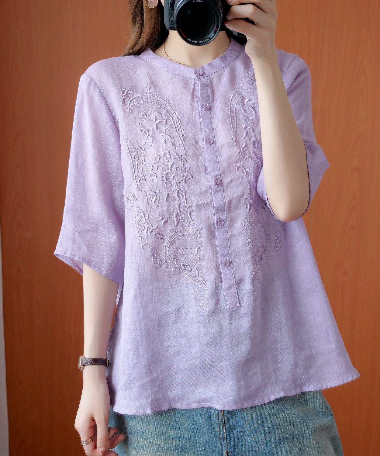 Art Stand Collar Embroidery Shirts Tunic Tops Purple Blouse