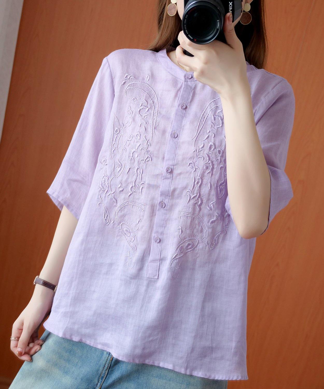 Art Stand Collar Embroidery Shirts Tunic Tops Purple Blouse