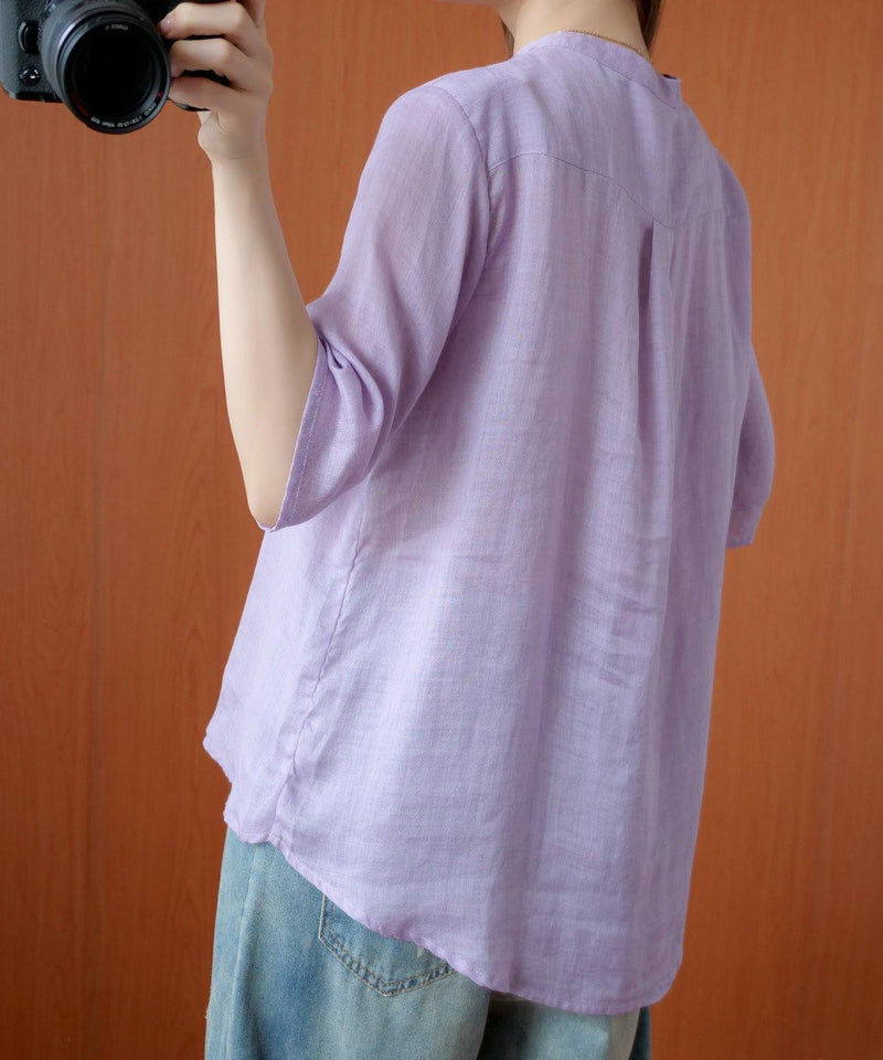 Art Stand Collar Embroidery Shirts Tunic Tops Purple Blouse