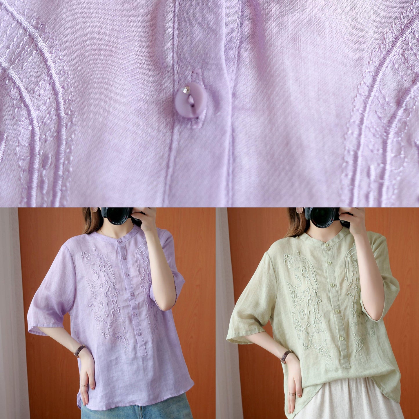 Art Stand Collar Embroidery Shirts Tunic Tops Purple Blouse