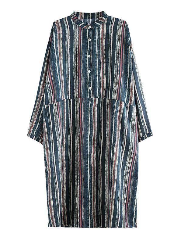Art Stand Pockets Linen Clothes for Online Shopping Striped Dress