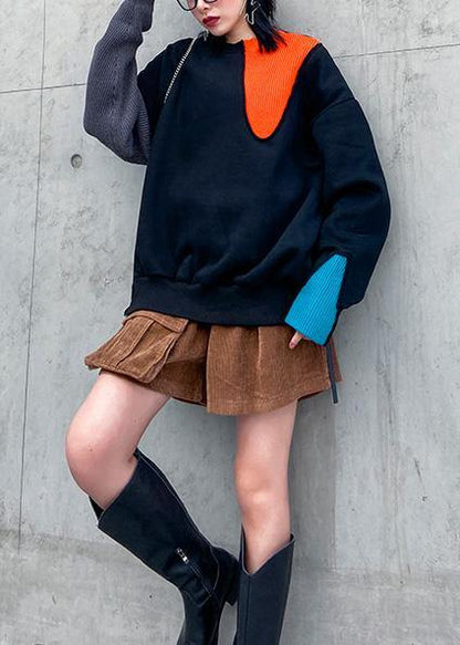 Art Thick Cotton Patchwork Color Clothes Sewing Black Tops