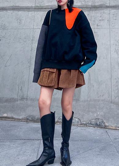 Art Thick Cotton Patchwork Color Clothes Sewing Black Tops