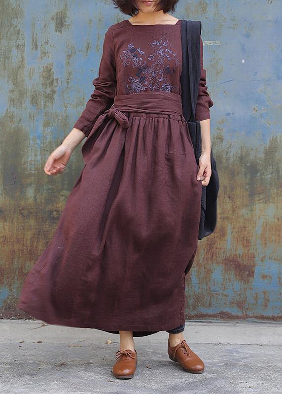 Art Tie Waist Linen Embroidery Dresses Tunic Tops Brown Dress