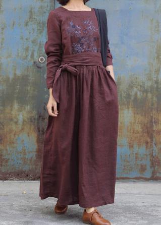 Art Tie Waist Linen Embroidery Dresses Tunic Tops Brown Dress