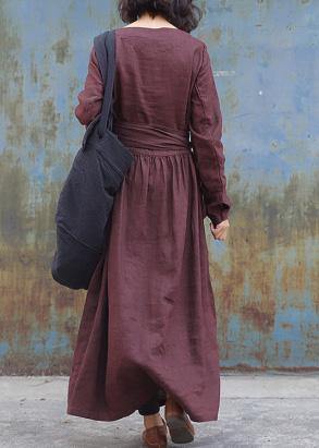 Art Tie Waist Linen Embroidery Dresses Tunic Tops Brown Dress