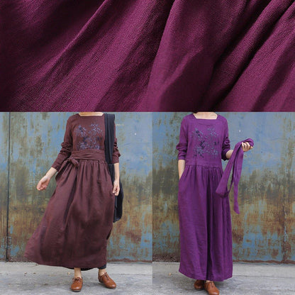 Art Tie Waist Linen Embroidery Dresses Tunic Tops Brown Dress