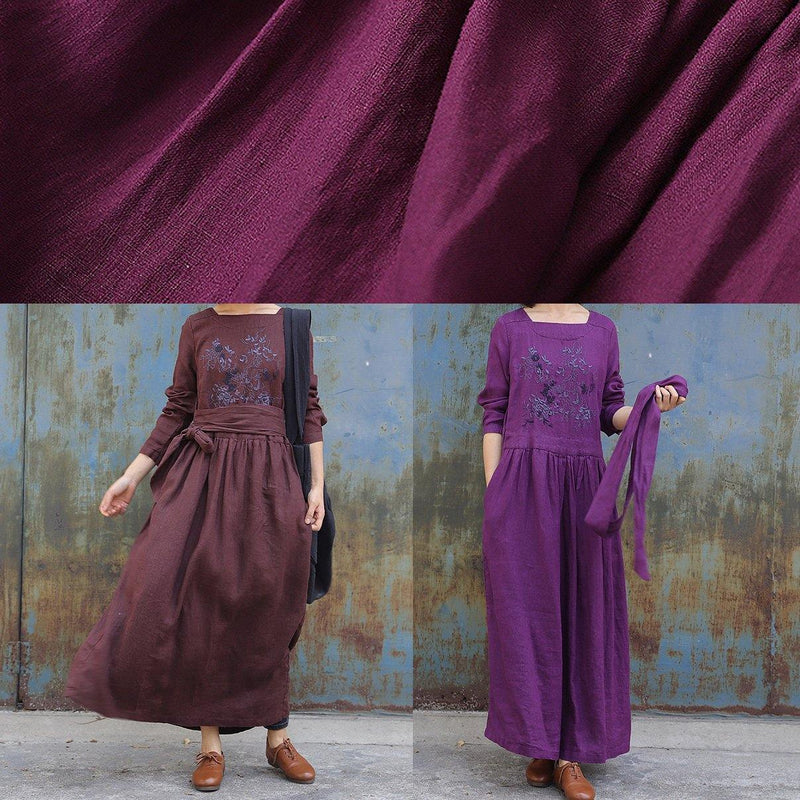 Art Tie Waist Linen Embroidery Dresses Tunic Tops Brown Dress