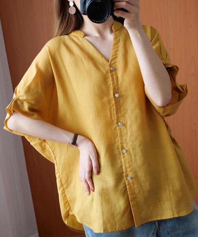 Art V Neck Batwing Sleeve Summer Clothes Design Yellow Blouse