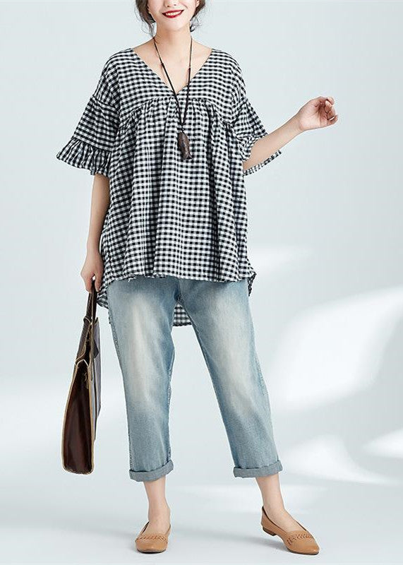 Art V Neck Butterfly Sleeve Linen Tops Indian Work Black Plaid Daily Tops