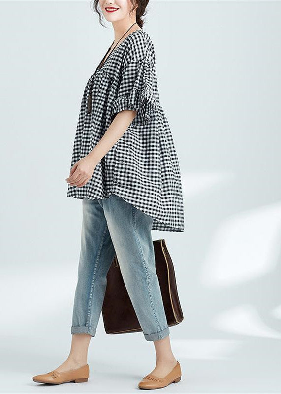 Art V Neck Butterfly Sleeve Linen Tops Indian Work Black Plaid Daily Tops