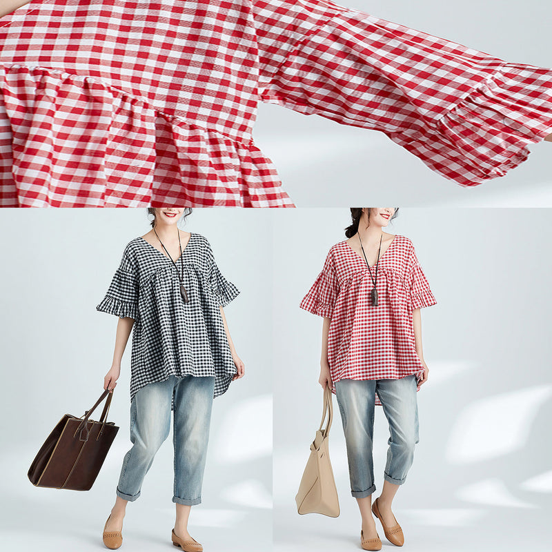 Art V Neck Butterfly Sleeve Linen Tops Indian Work Black Plaid Daily Tops