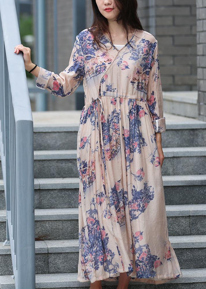 Art V Neck Drawstring Fall Tunic Blue Print Shirt