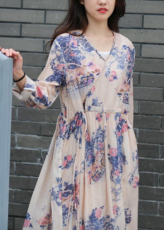 Art V Neck Drawstring Fall Tunic Blue Print Shirt
