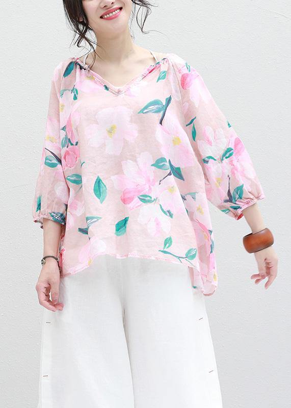 Art V Neck Linen Box Top Shirts Pink Prints Blouses Summer