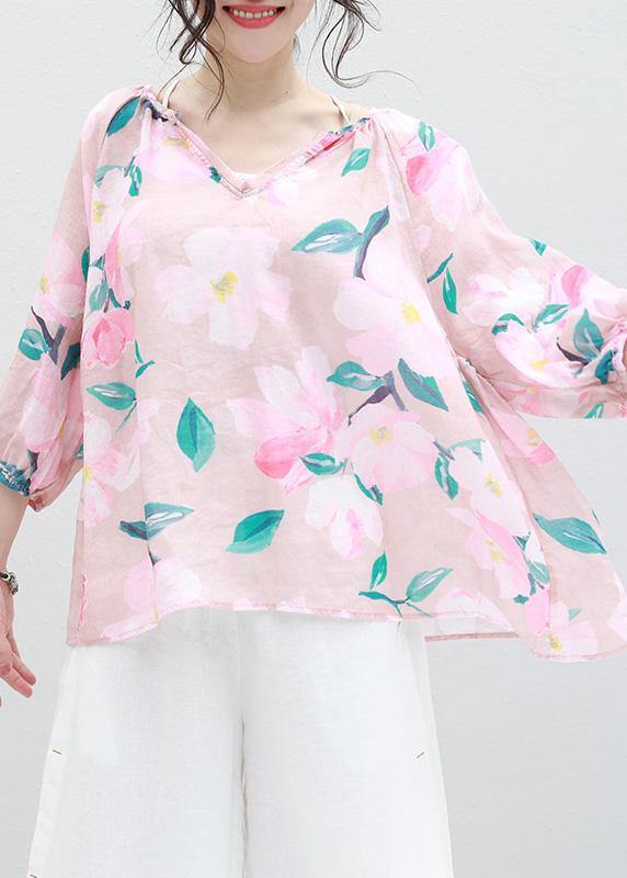 Art V Neck Linen Box Top Shirts Pink Prints Blouses Summer
