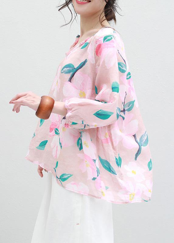 Art V Neck Linen Box Top Shirts Pink Prints Blouses Summer