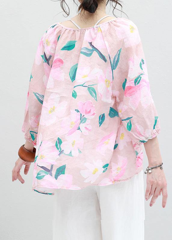 Art V Neck Linen Box Top Shirts Pink Prints Blouses Summer