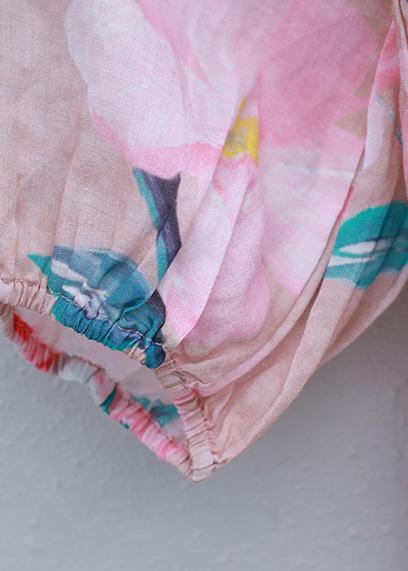 Art V Neck Linen Box Top Shirts Pink Prints Blouses Summer