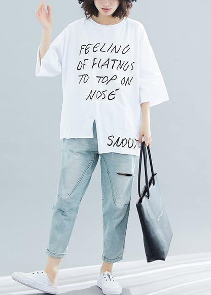 Art White Letter Cotton Box Top O Neck Half Sleeve Cotton Top