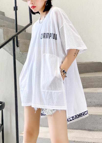 Art White Letter Cotton Crane Tops O Neck Side Open Loose Shirt
