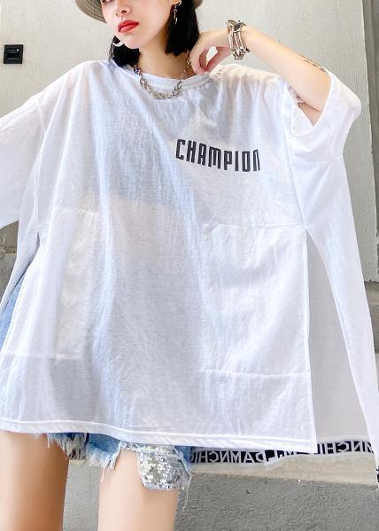 Art White Letter Cotton Crane Tops O Neck Side Open Loose Shirt