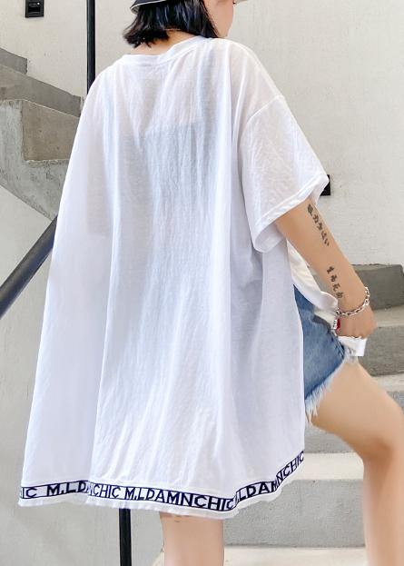 Art White Letter Cotton Crane Tops O Neck Side Open Loose Shirt