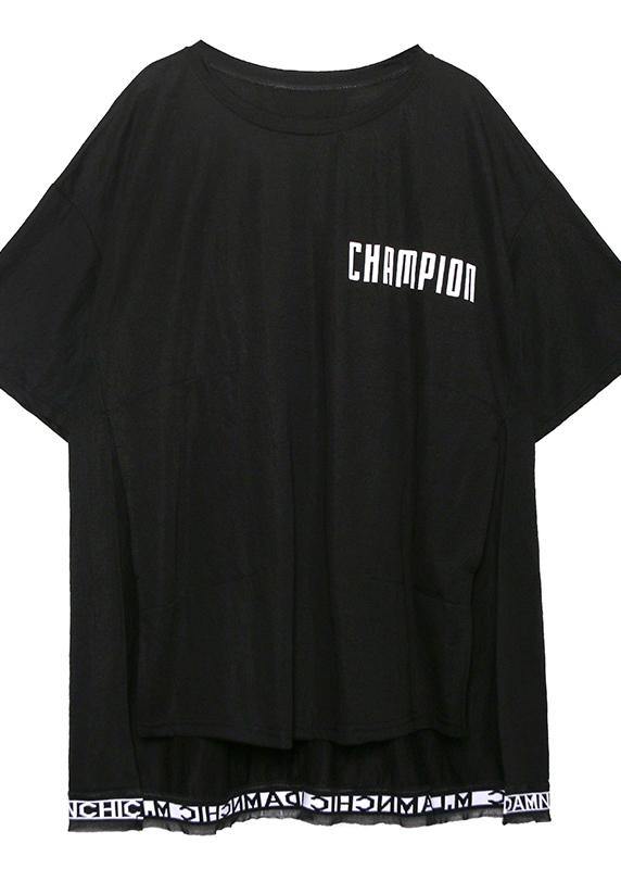 Art White Letter Cotton Crane Tops O Neck Side Open Loose Shirt