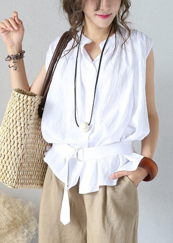 Art White Cotton Shirts Stand Collar Sleeveless Dresses Summer Shirts