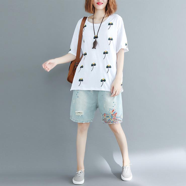 Art White Cotton Clothes Sleeve O Neck Embroidery Daily Blouses