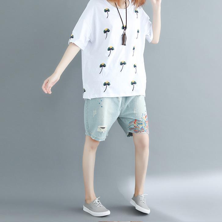 Art White Cotton Clothes Sleeve O Neck Embroidery Daily Blouses