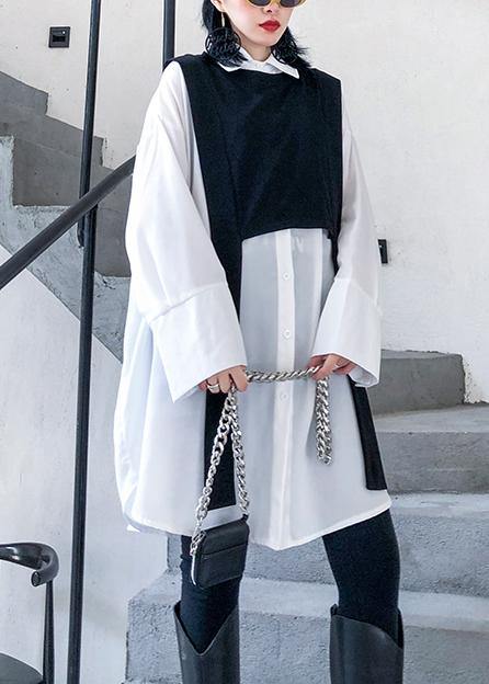Art White Cotton Clothes Lapel Patchwork Daily Blouse