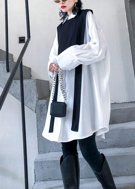 Art White Cotton Clothes Lapel Patchwork Daily Blouse