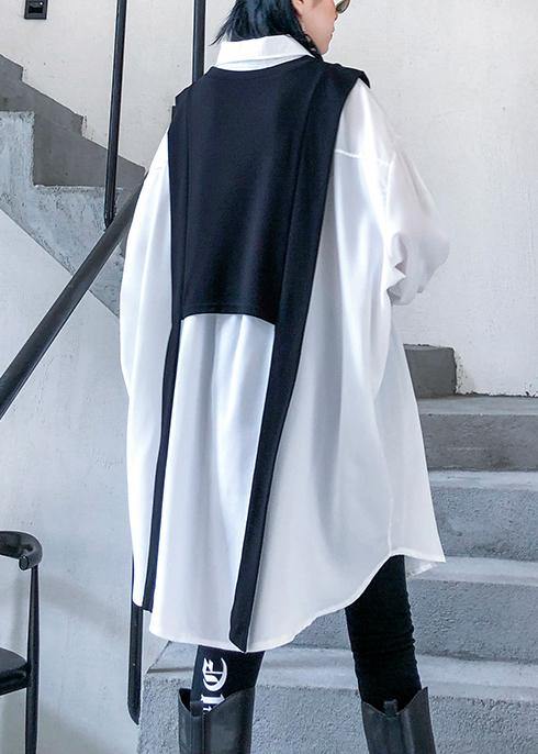 Art White Cotton Clothes Lapel Patchwork Daily Blouse