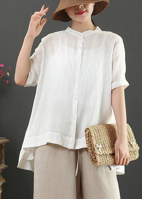 Art White Flowers Embroidery Linen Top for Stand Collar Midi Summer Top