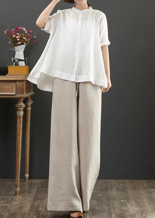 Art White Embroidery Linen Top for Stand Collar Midi Summer Top