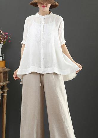 Art White Feathers Embroidery Linen Top for Stand Collar Midi Summer Top