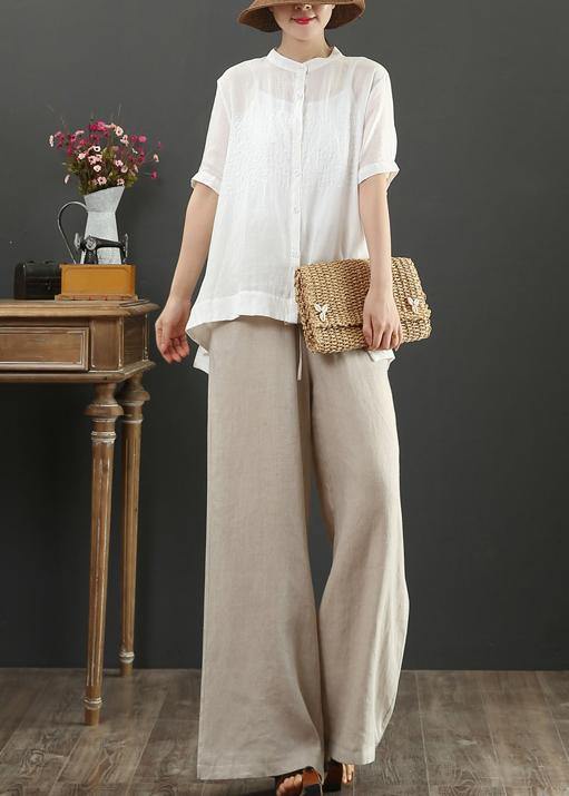 Art White Flowers Embroidery Linen Top for Stand Collar Midi Summer Top