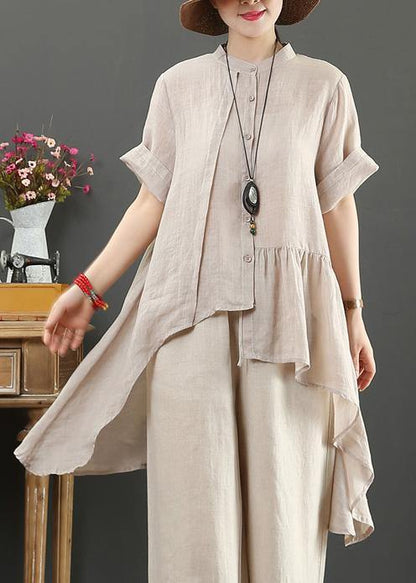 Art White Linen Clothes Pattern Stand Collar Low High Design Top