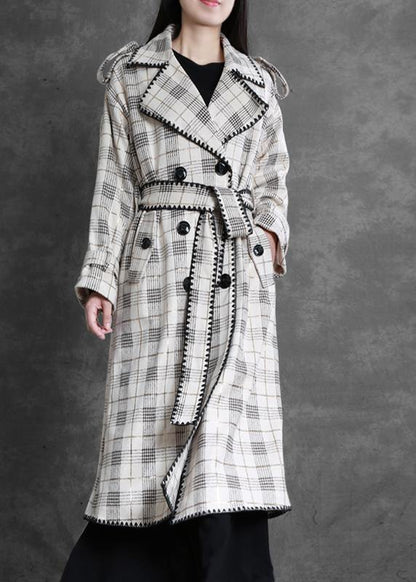 Art White Plaid Fine Trench Coat Gifts Notched Back Side Open Outwears