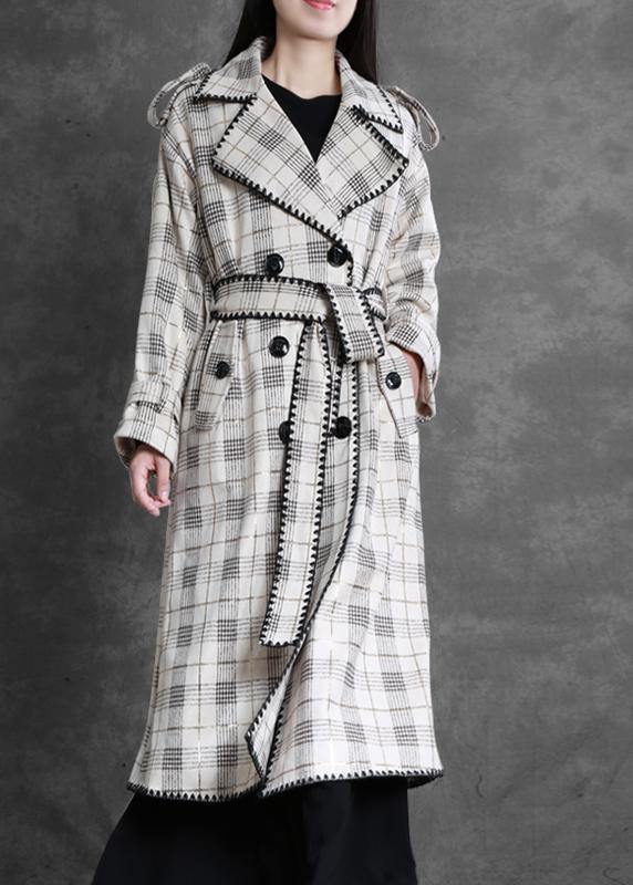 Art White Plaid Fine Trench Coat Gifts Notched Back Side Open Outwears