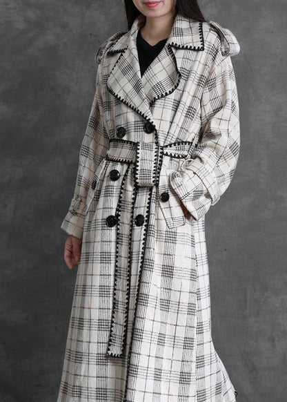 Art White Plaid Fine Trench Coat Gifts Notched Back Side Open Outwears