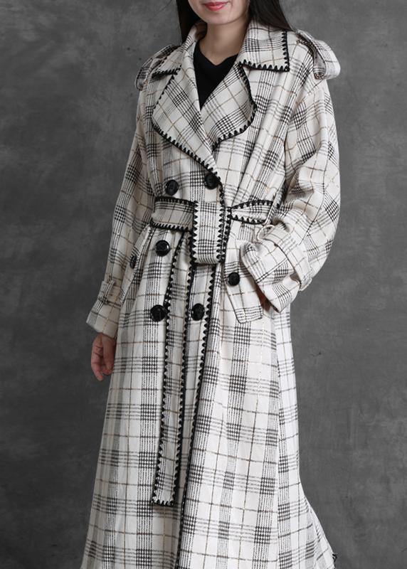 Art White Plaid Fine Trench Coat Gifts Notched Back Side Open Outwears