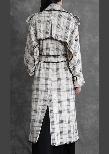 Art White Plaid Fine Trench Coat Gifts Notched Back Side Open Outwears
