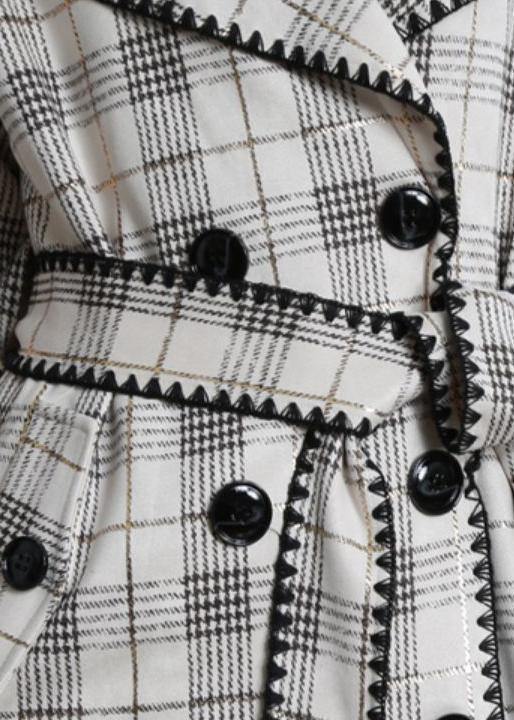 Art White Plaid Fine Trench Coat Gifts Notched Back Side Open Outwears