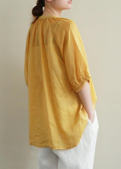Art Yellow Embroidery Linen Tunic Top V Neck Button Down Silhouette Summer Blouses