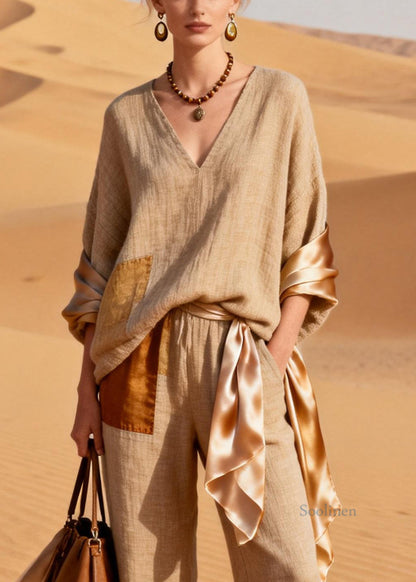 Asymmetrical Silk Patchwork T Shirt and Crop Pants Linen Two Piece Set V Neck Spring