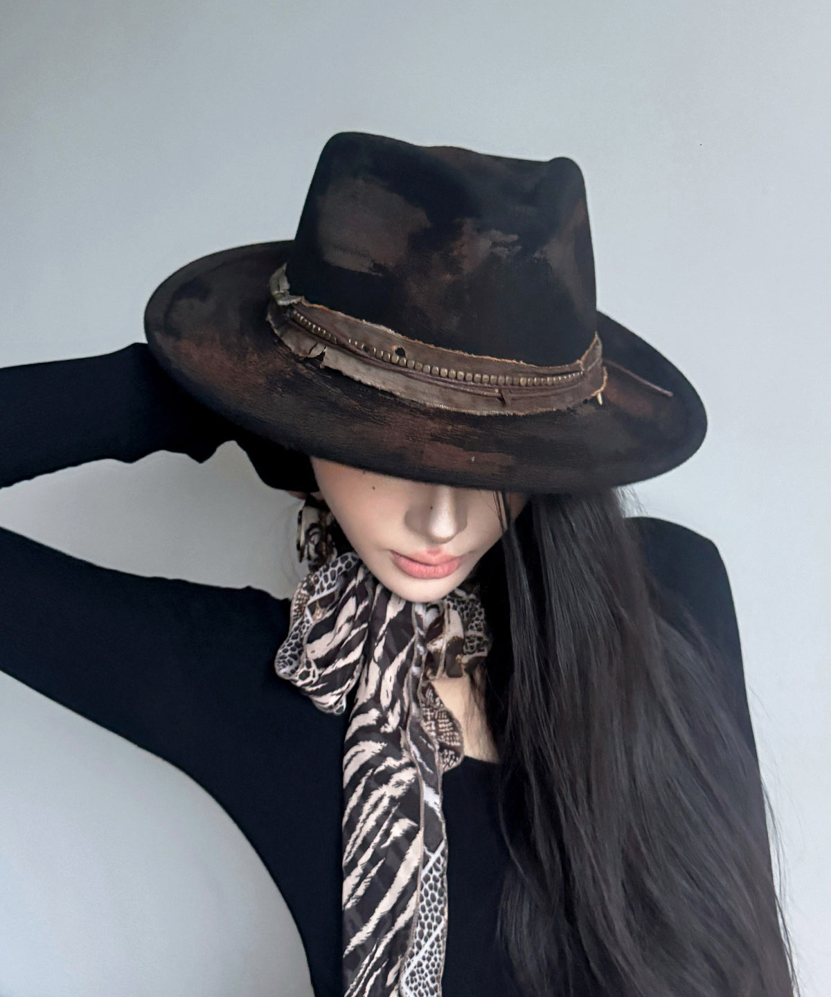 Autumn and Winter Black Feather Woolen Cowboy Hat